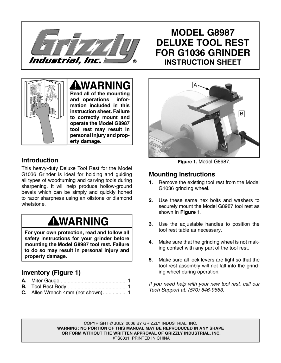 Grizzly instruction sheet Model G8987, Deluxe Tool Rest, For G1036 Grinder, Instruction Sheet 