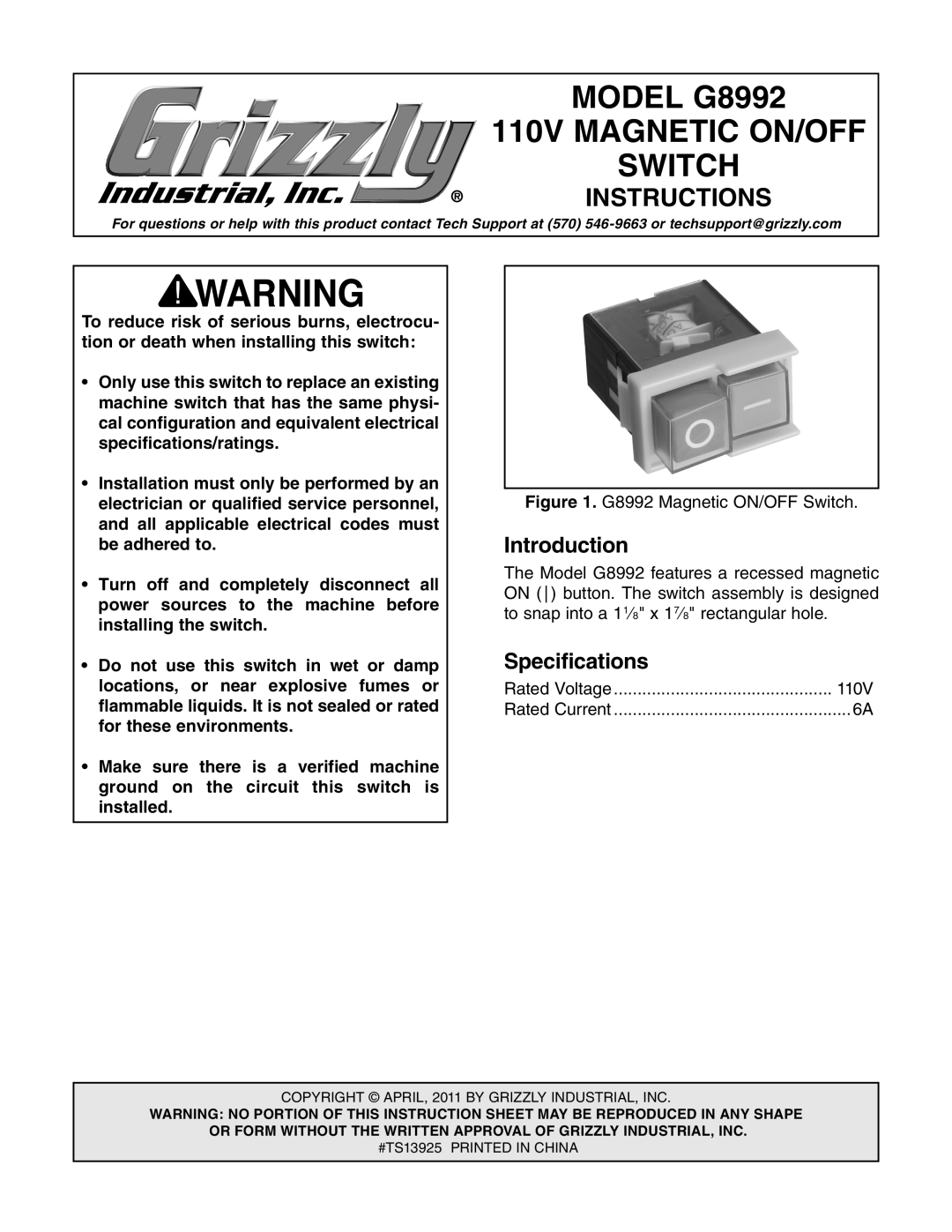 Grizzly specifications Model G8992, 110V Magnetic ON/OFF, Switch, Instructions 