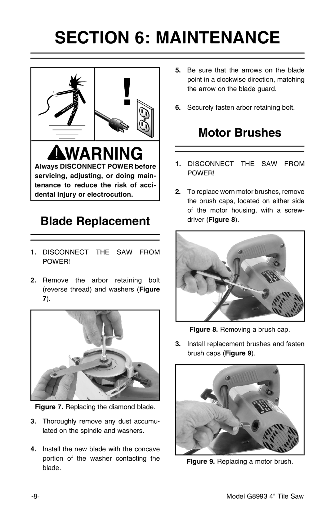 Grizzly G8993 owner manual Maintenance, Blade Replacement, Motor Brushes 