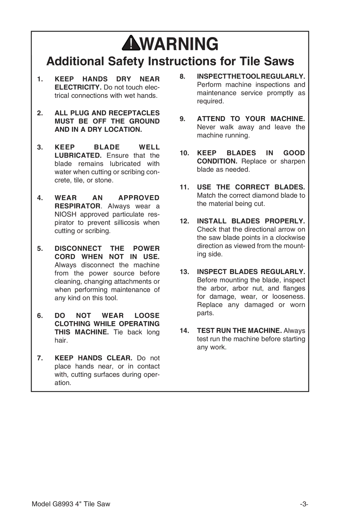 Grizzly G8993 owner manual Additional Safety Instructions for Tile Saws 