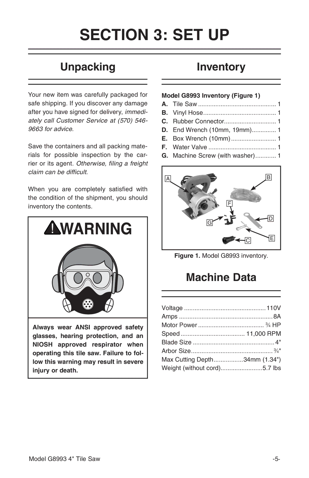 Grizzly G8993 owner manual Set Up, UnpackingInventory, Machine Data 