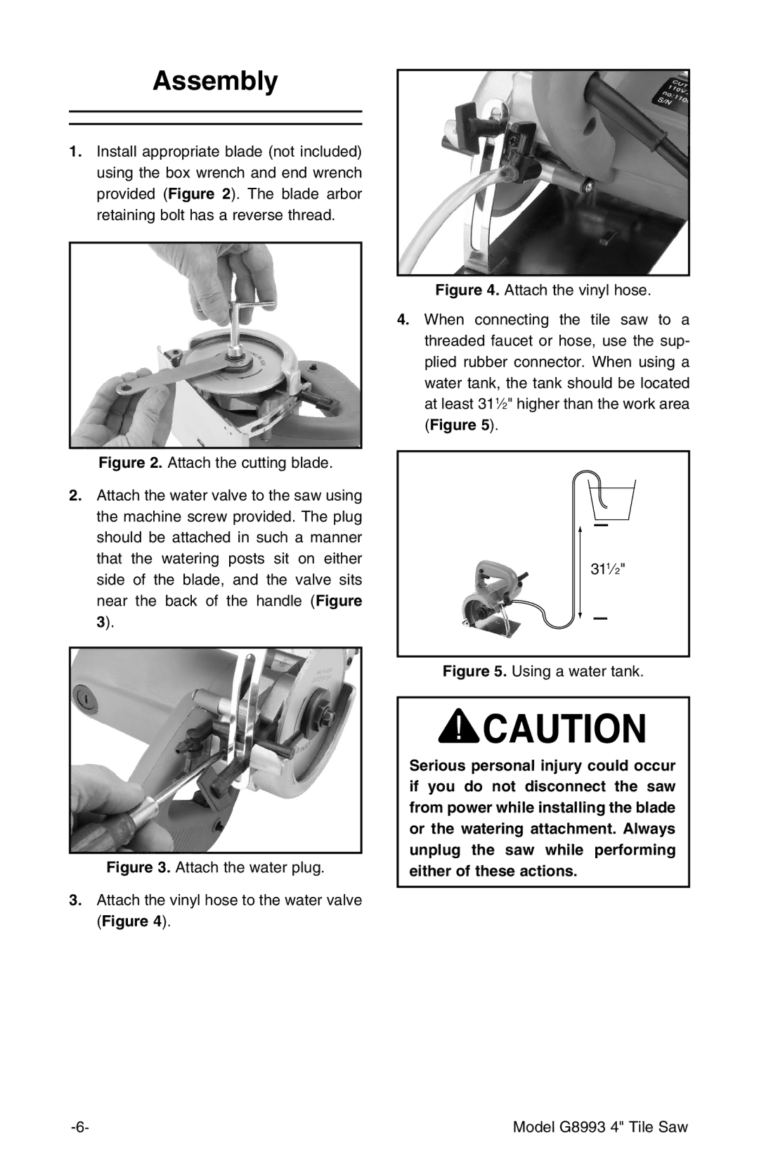 Grizzly G8993 owner manual Assembly, Using a water tank 