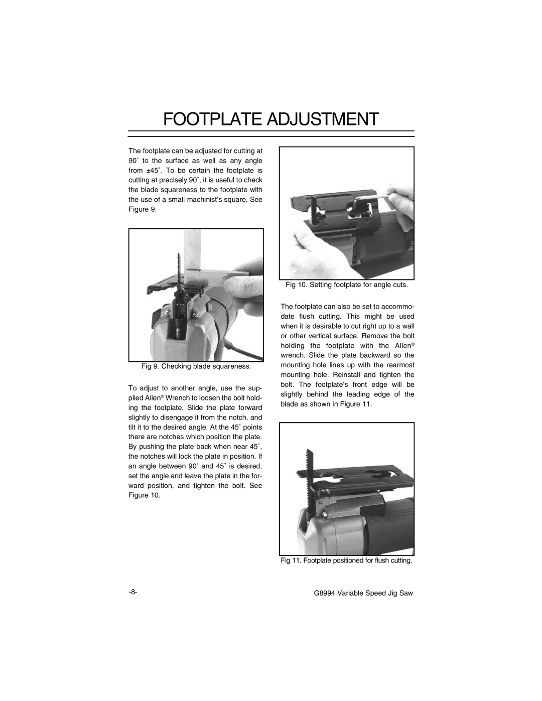 Grizzly G8994 instruction manual Footplate Adjustment 