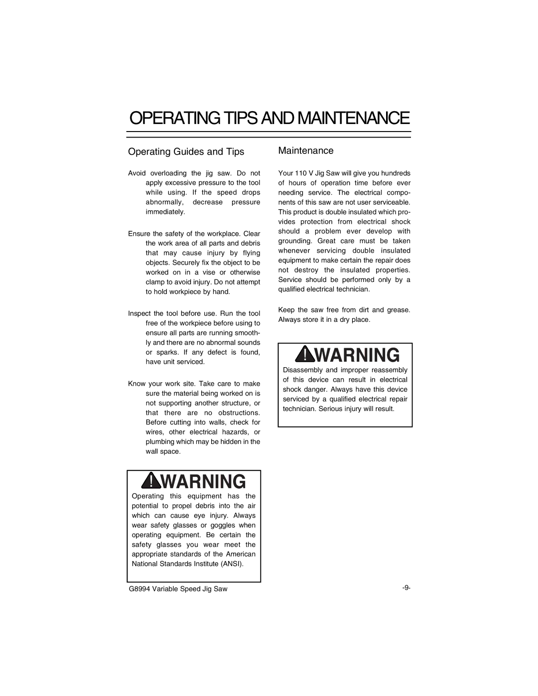 Grizzly G8994 instruction manual Operating Tips and Maintenance, Operating Guides and Tips 