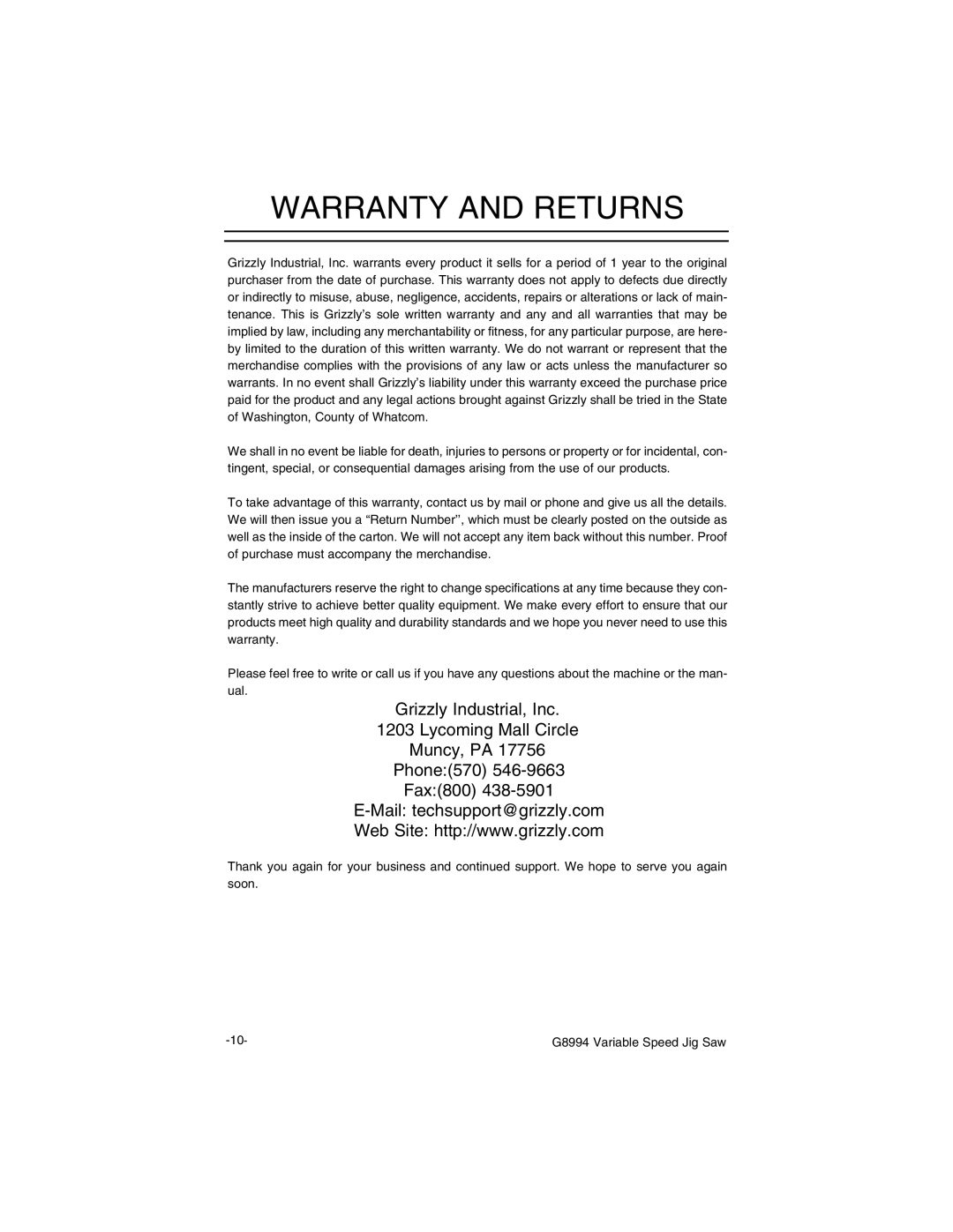 Grizzly G8994 instruction manual Warranty and Returns 