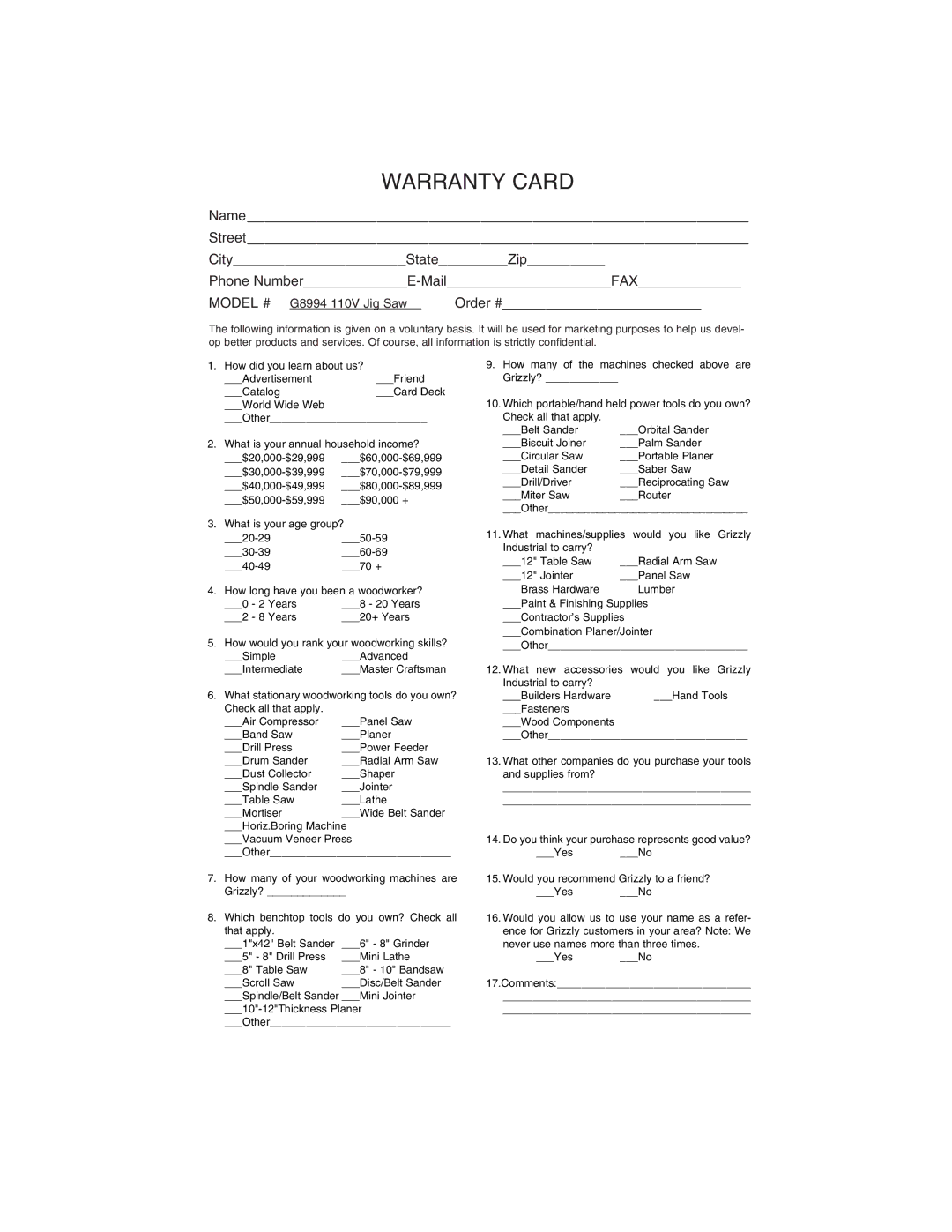 Grizzly G8994 instruction manual Warranty Card 