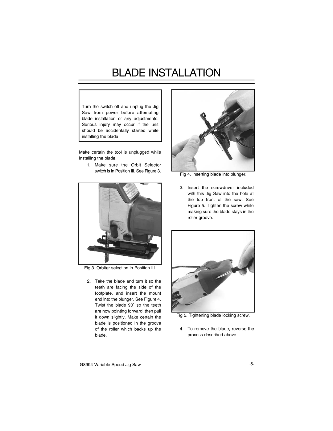 Grizzly G8994 instruction manual Blade Installation 