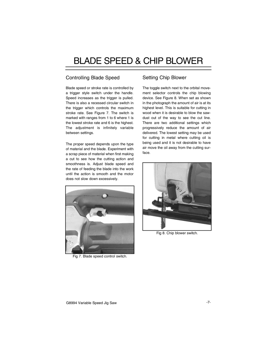 Grizzly G8994 instruction manual Blade Speed & Chip Blower, Controlling Blade Speed, Setting Chip Blower 