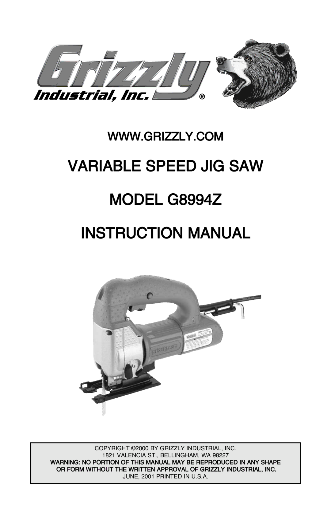 Grizzly G8994z manual Variable Speed JIG SAW Model G8994Z 