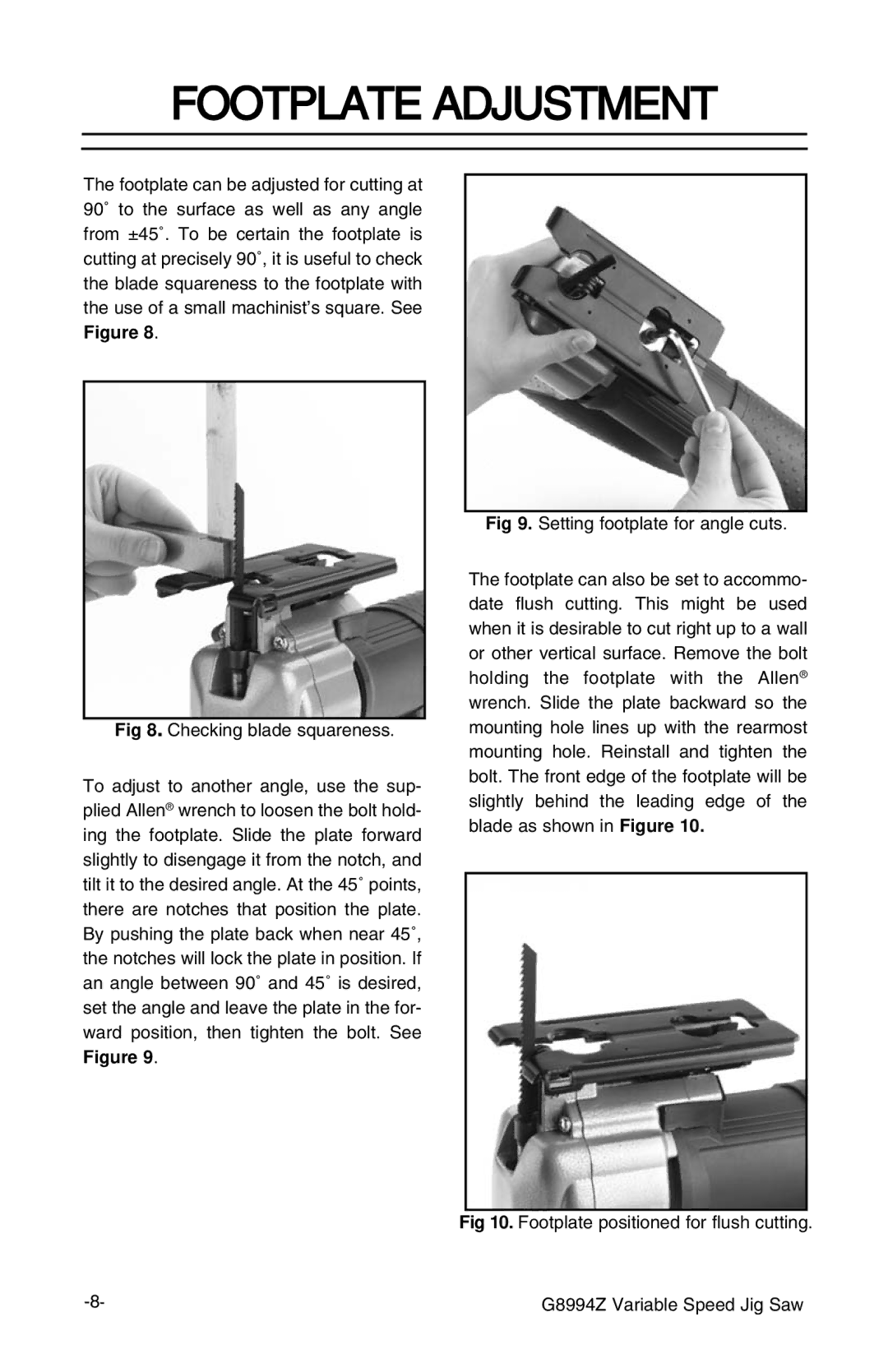 Grizzly G8994z manual Footplate Adjustment, Checking blade squareness 