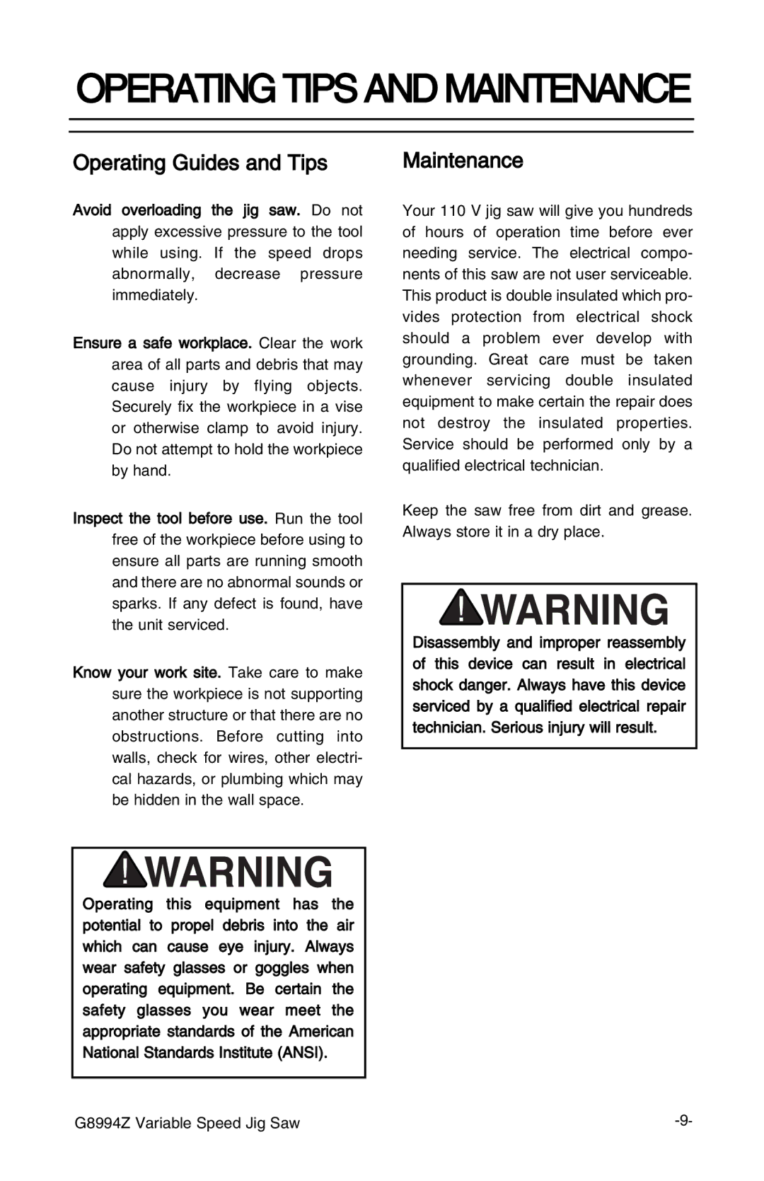 Grizzly G8994z manual Operating Guides and Tips, Maintenance 