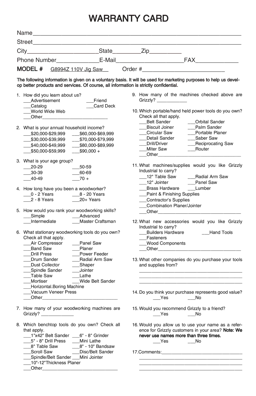 Grizzly G8994z manual Warranty Card 