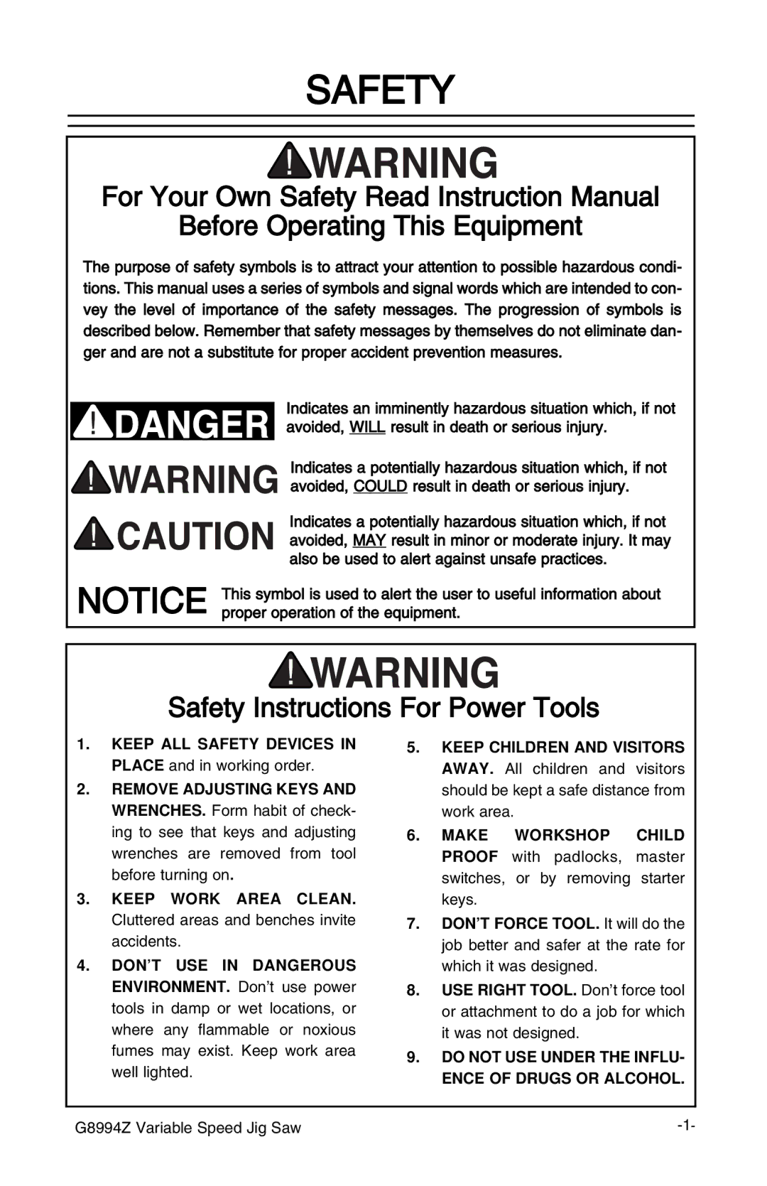 Grizzly G8994z manual Safety, Before Operating This Equipment 