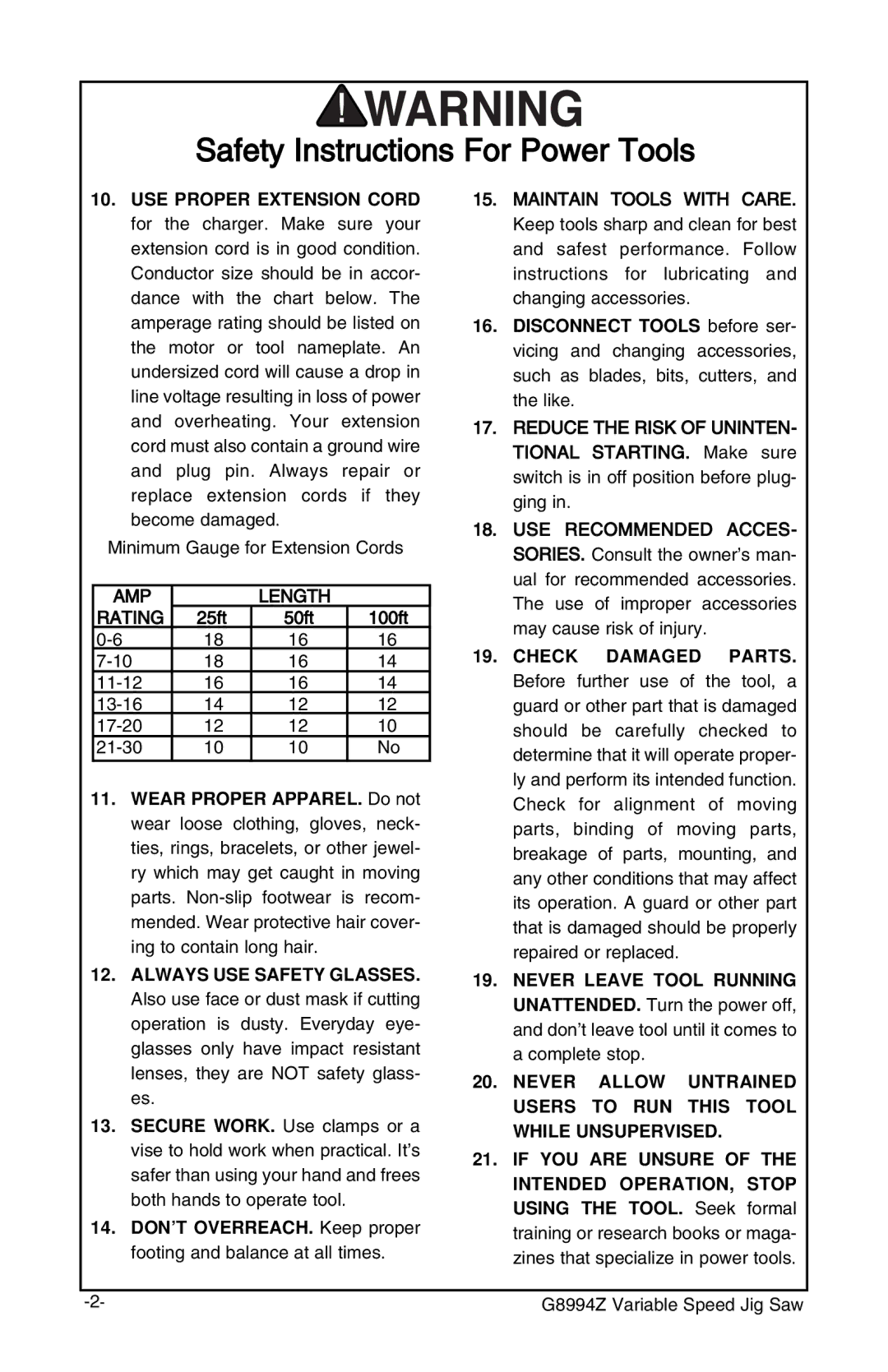 Grizzly G8994z manual AMP Length Rating 
