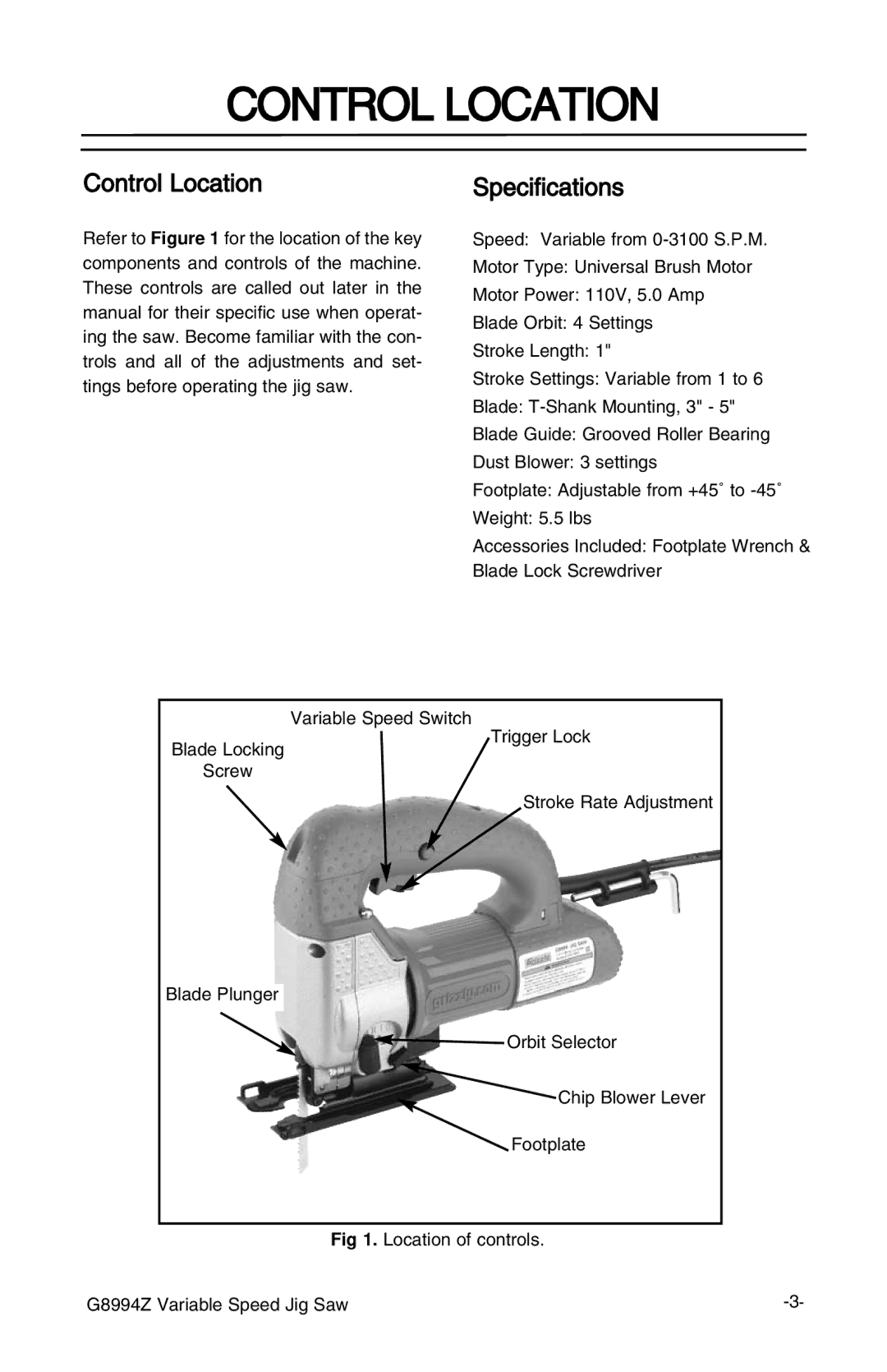 Grizzly G8994z manual Control Location Specifications 