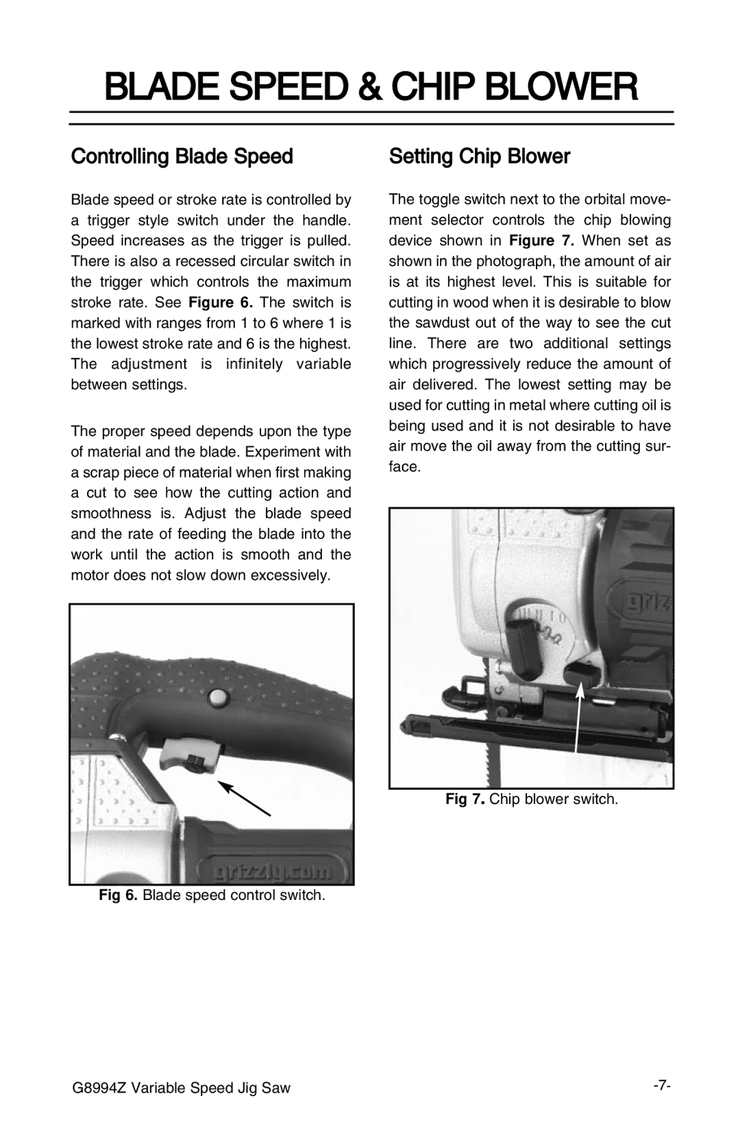 Grizzly G8994z manual Blade Speed & Chip Blower, Controlling Blade Speed, Setting Chip Blower 