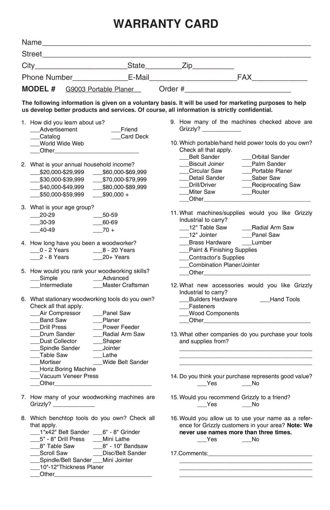 Grizzly G9003 instruction manual Warranty Card 