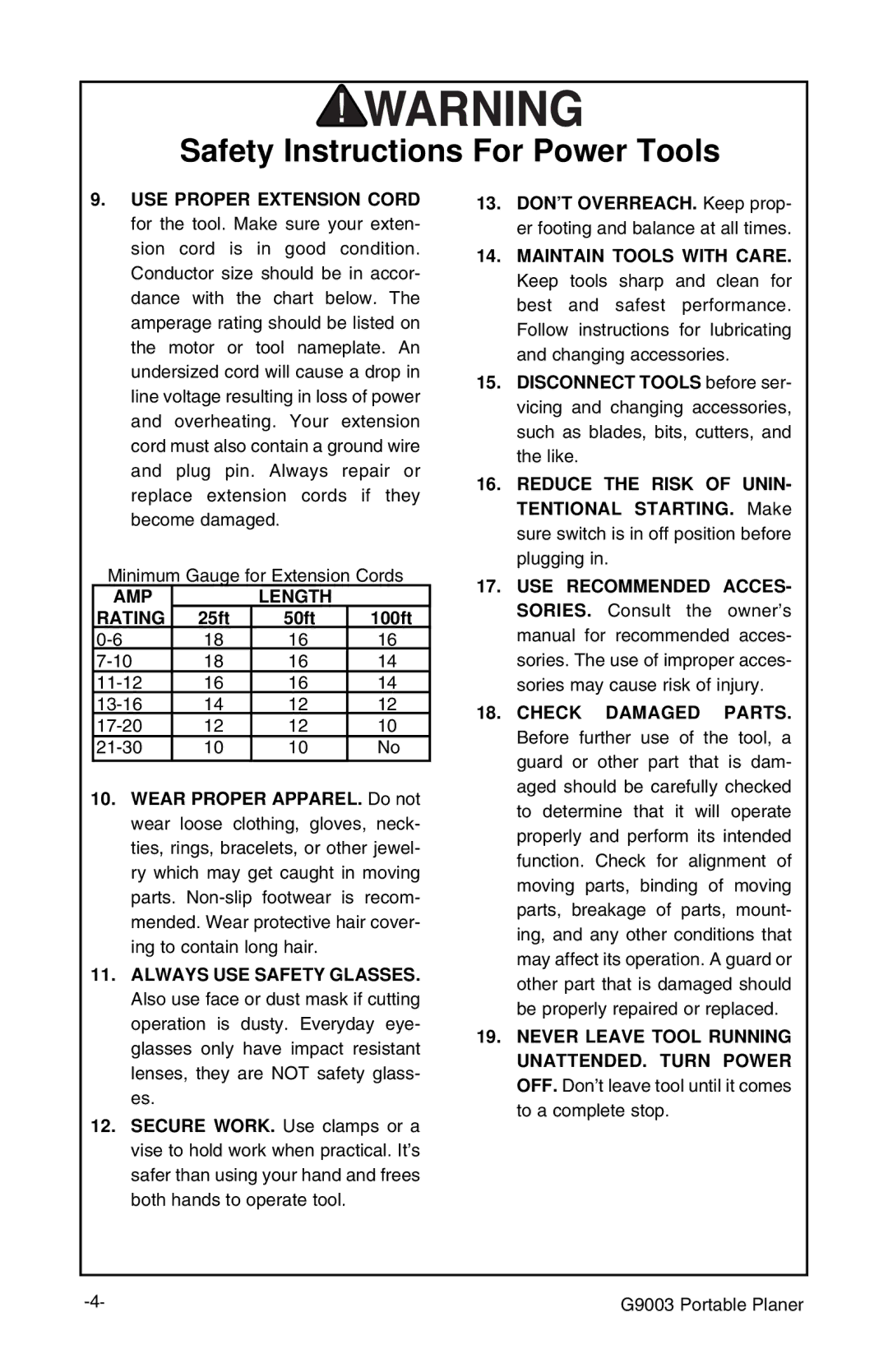 Grizzly G9003 instruction manual AMP Length Rating, 100ft 