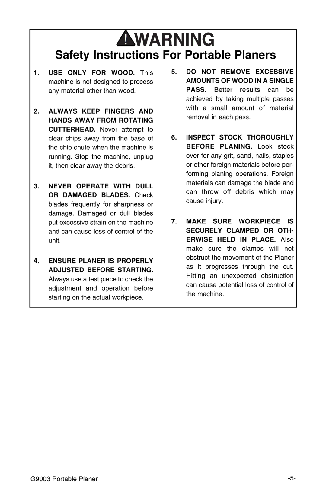 Grizzly G9003 instruction manual Safety Instructions For Portable Planers 