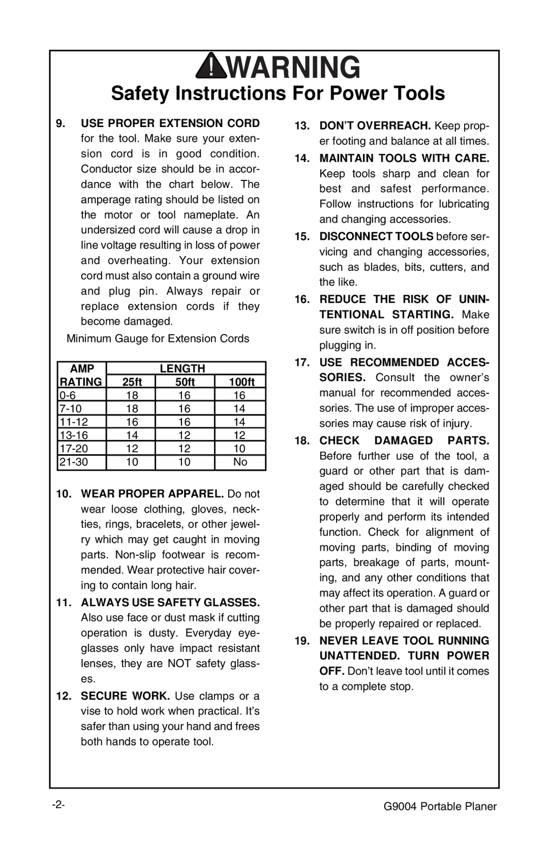 Grizzly G9004 instruction manual AMP Length Rating, 100ft 