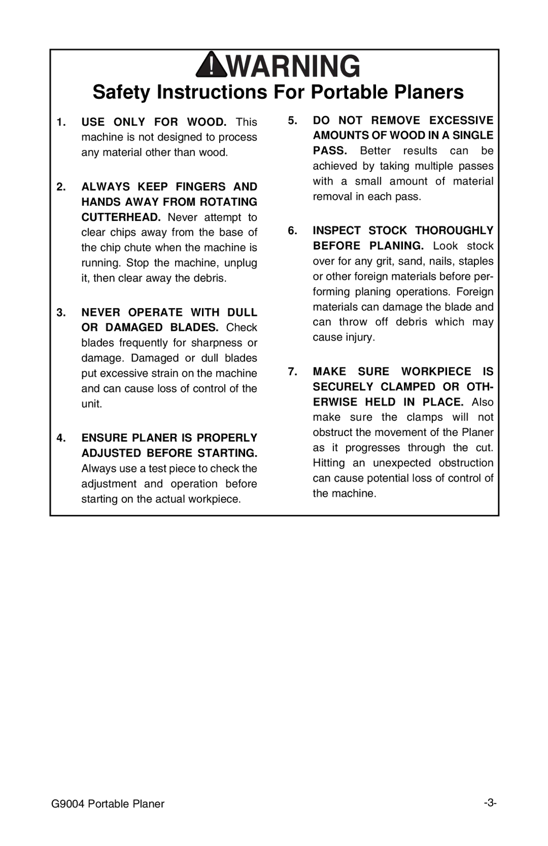 Grizzly G9004 instruction manual Safety Instructions For Portable Planers 