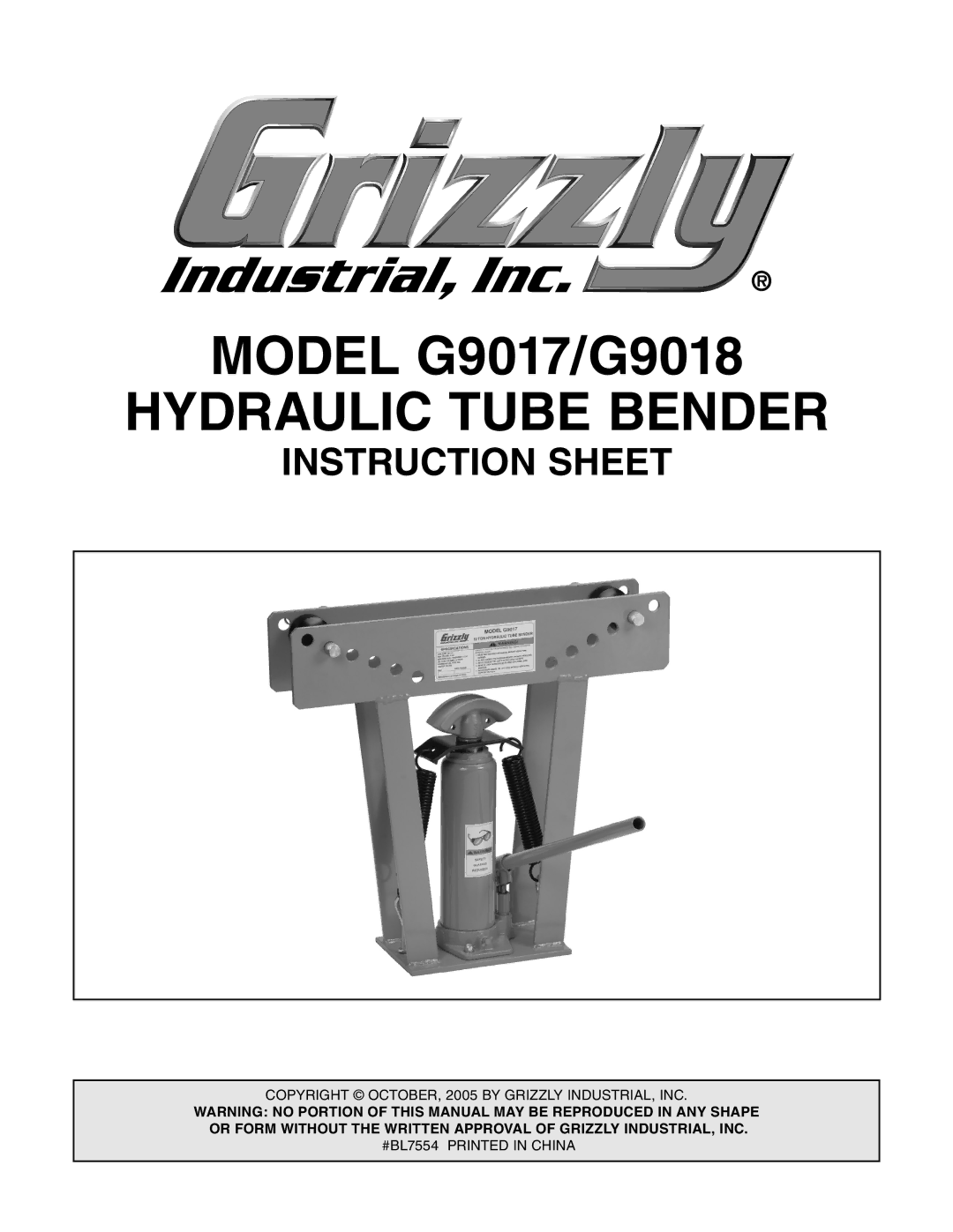 Grizzly G9017/G9018 manual Hydraulic Tube Bender 