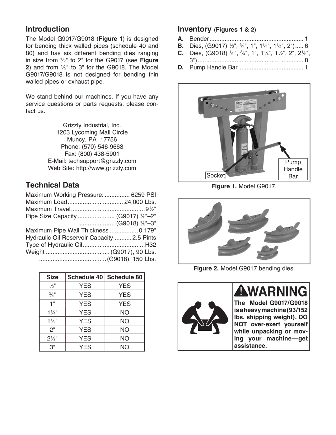 Grizzly G9017/G9018 manual Introduction, Technical Data, Size, Inventory Figures 1 