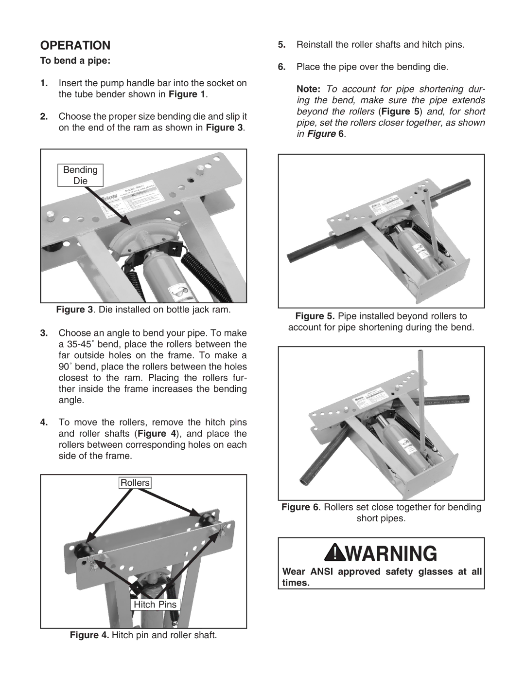 Grizzly G9017/G9018 manual Operation, To bend a pipe, Wear Ansi approved safety glasses at all times 