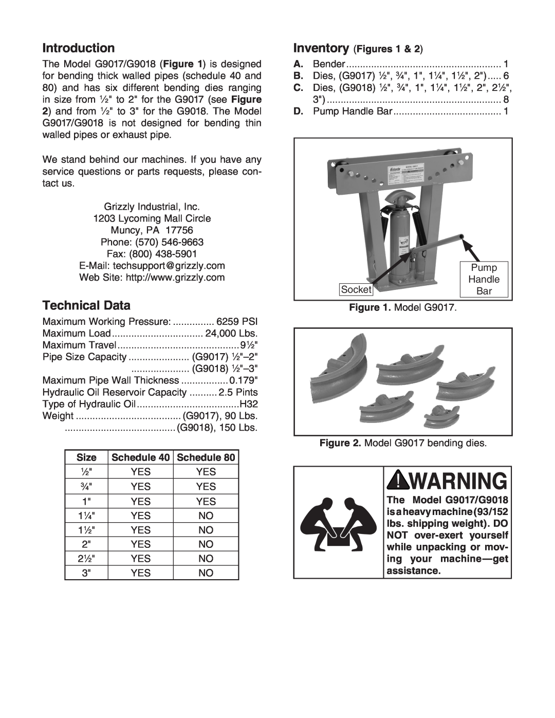 Grizzly G9017/G9018 manual Introduction, Technical Data, Size, Inventory Figures 