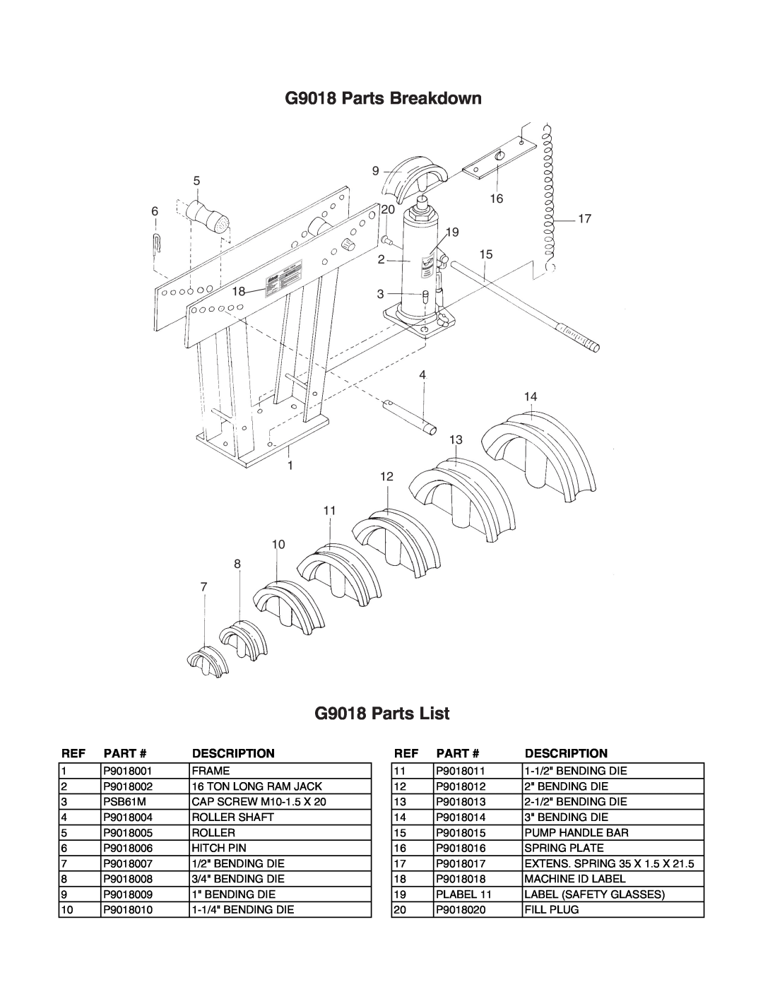 Grizzly G9017/G9018 manual G9018 Parts Breakdown, G9018 Parts List, Part #, Description 