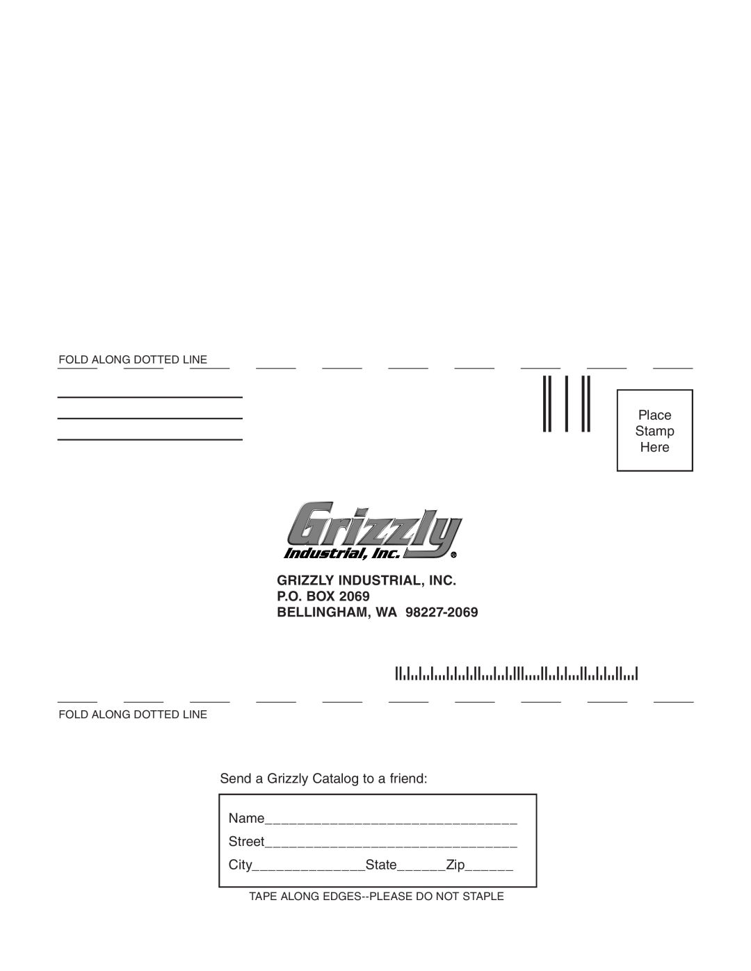 Grizzly G9017/G9018 manual Grizzly Industrial, Inc P.O. Box Bellingham, Wa, Place Stamp Here 
