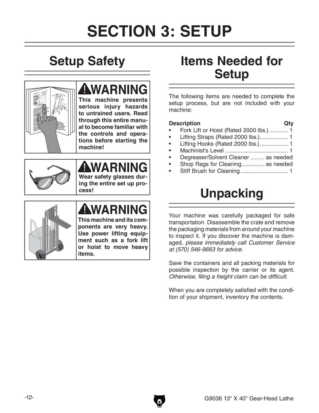 Grizzly G9036 owner manual Setup Safety Items Needed for, Unpacking, Description Qty 