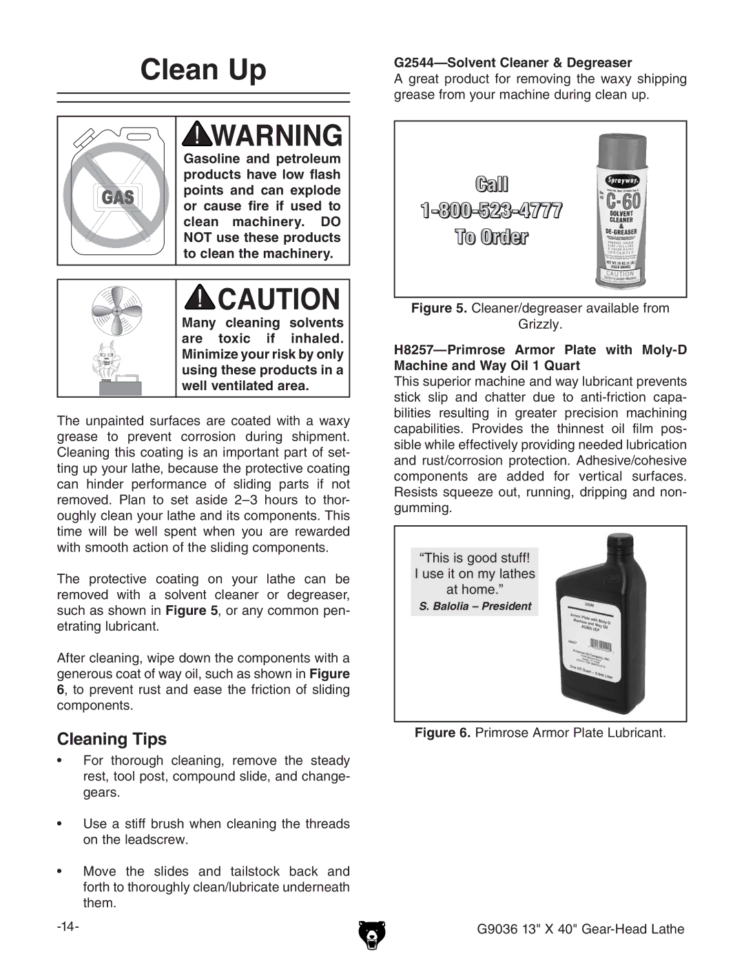 Grizzly G9036 owner manual Clean Up, Cleaning Tips 