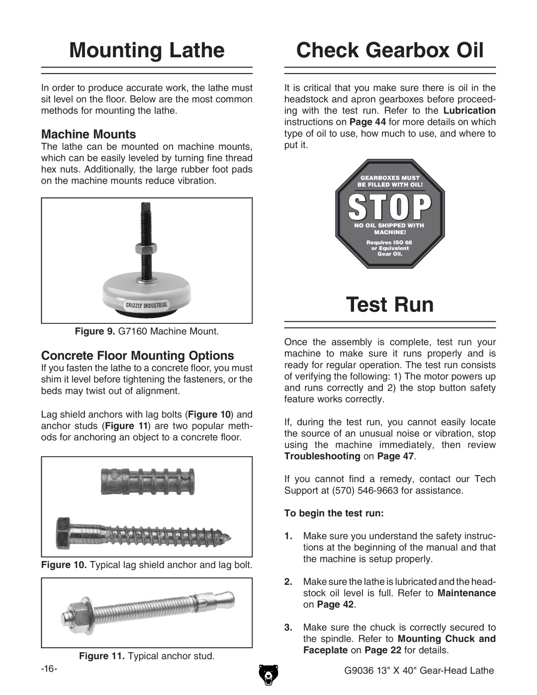 Grizzly G9036 owner manual Mounting Lathe, Check Gearbox Oil, Test Run, Machine Mounts, Concrete Floor Mounting Options 