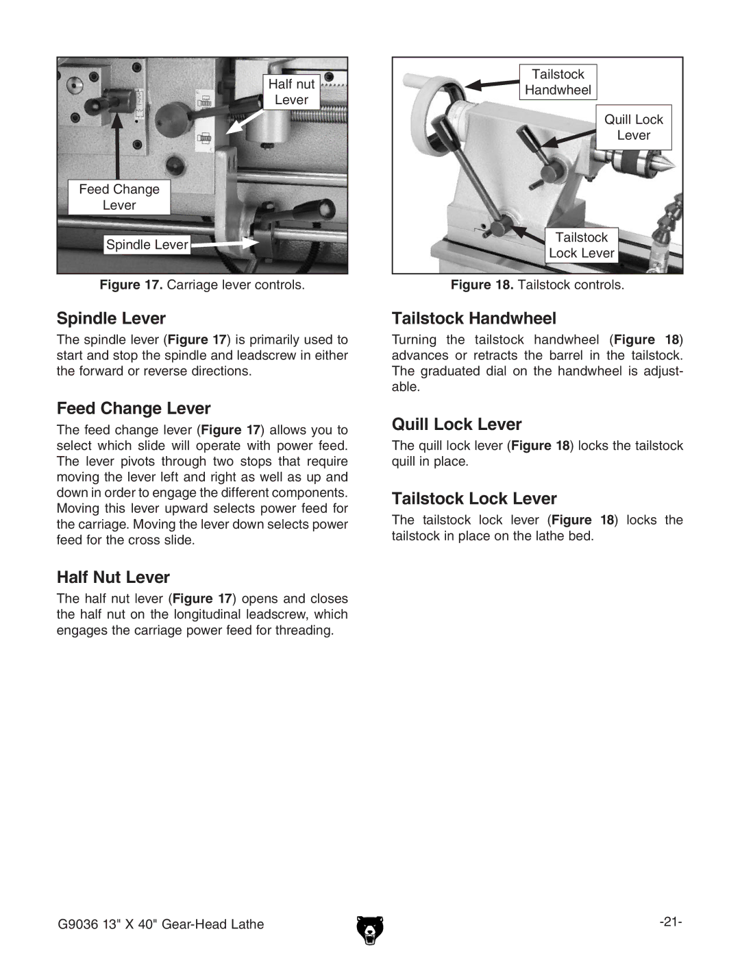 Grizzly G9036 owner manual Spindle Lever, Feed Change Lever, Half Nut Lever, Tailstock Handwheel, Quill Lock Lever 