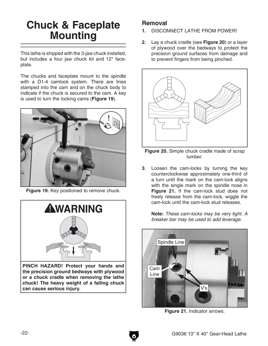 Grizzly G9036 owner manual Chuck & Faceplate Mounting, Removal 