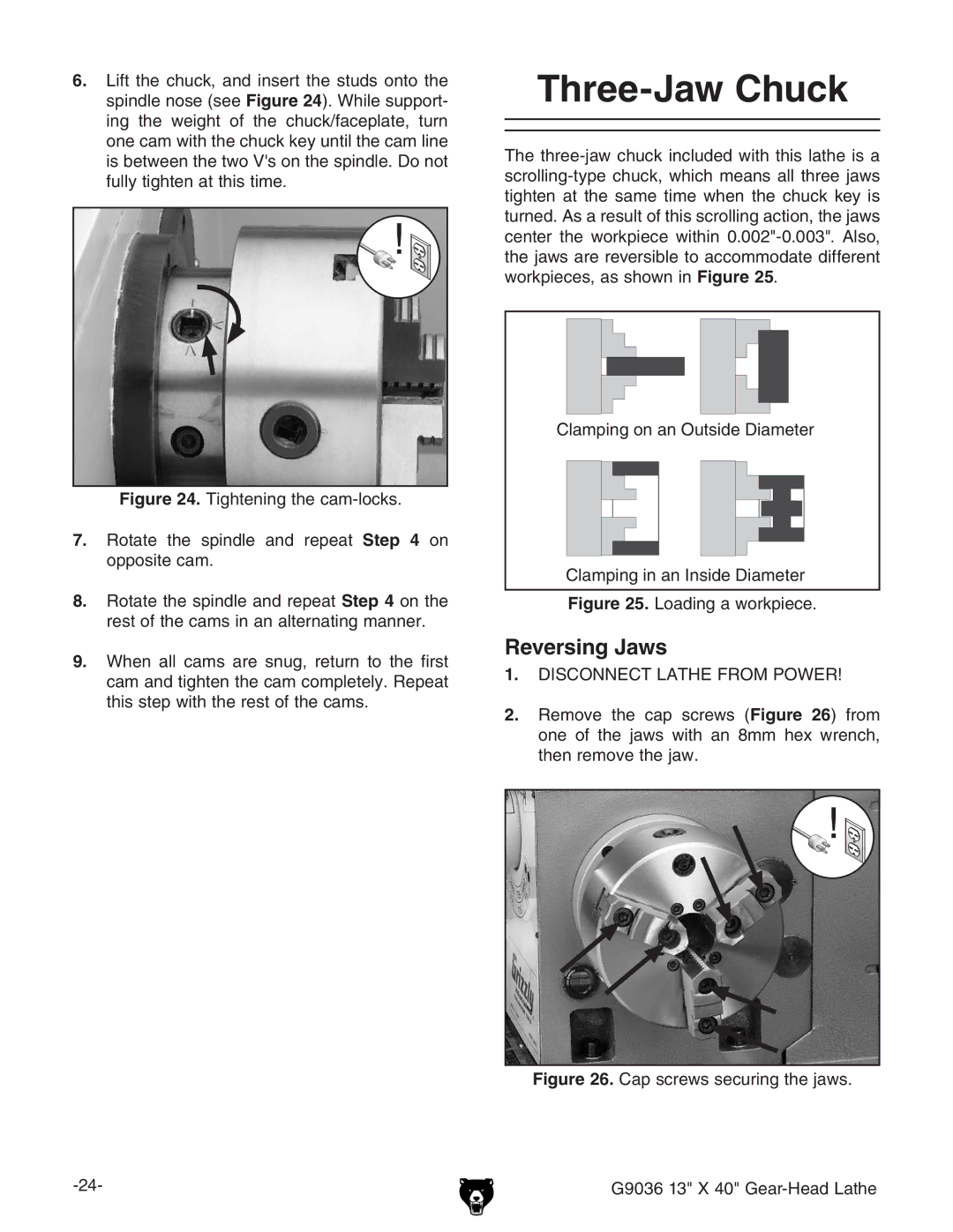 Grizzly G9036 Three-Jaw Chuck, Reversing Jaws, GdiViZ iZ hecYaZ VcY gZeZVi  dc deedhiZXVb#, IZcgZbdkZiZVl# 