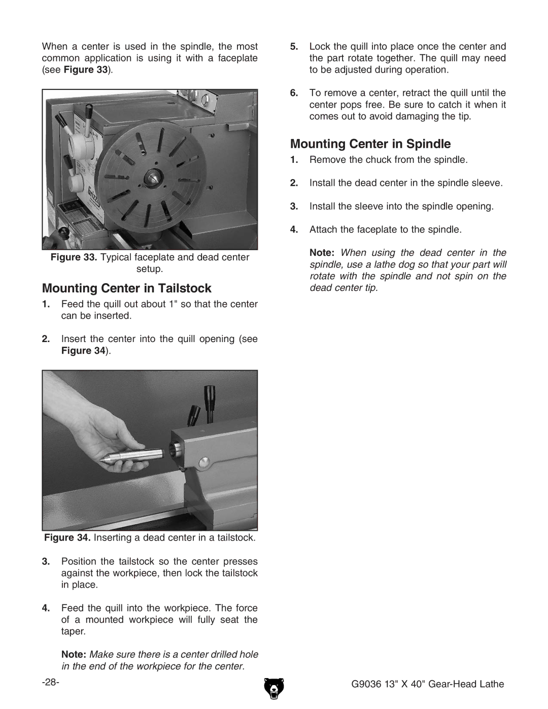 Grizzly G9036 owner manual Mounting Center in Tailstock, Mounting Center in Spindle,  GZbdkZiZXjX`gdbiZhecYaZ# 