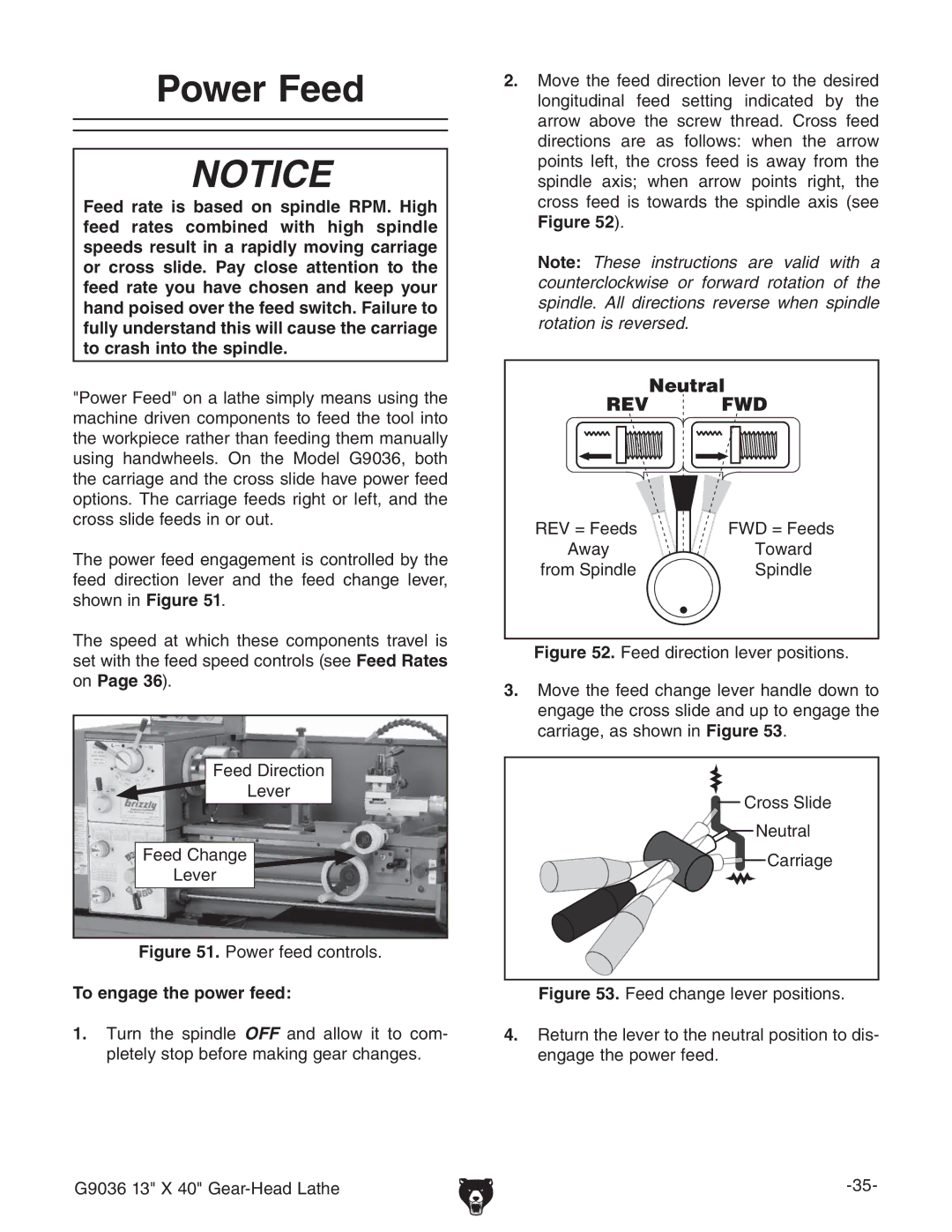 Grizzly G9036 owner manual Power Feed, ZZY8Vc\Z AZkZg, To engage the power feed, 6lVn IdlVgY 