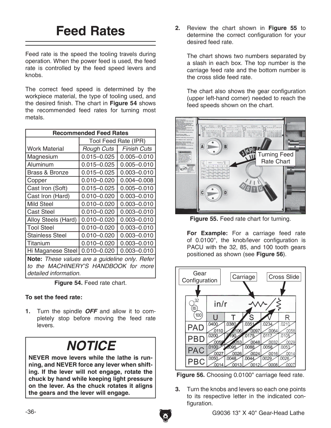 Grizzly G9036 owner manual Recommended Feed Rates, To set the feed rate, For Example 