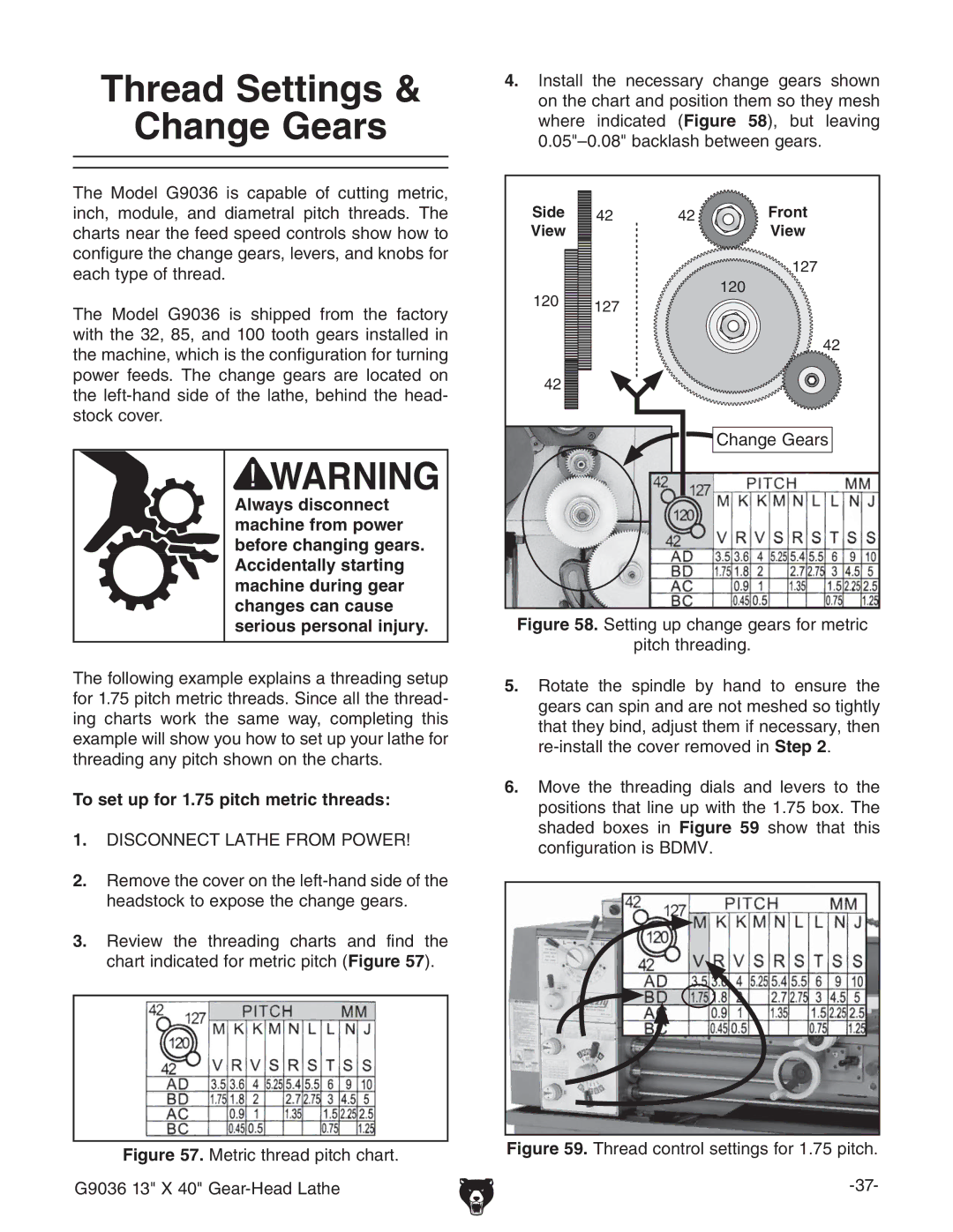 Grizzly G9036 owner manual Thread Settings Change Gears, To set up for 1.75 pitch metric threads, 8Vc\ZZVgh 