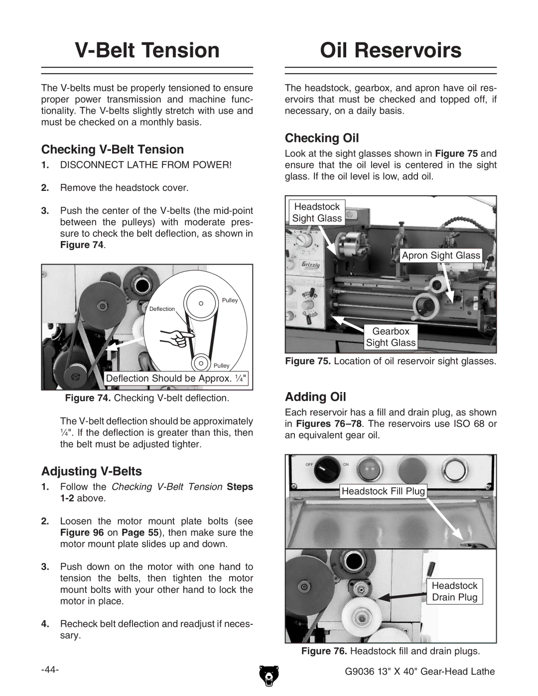 Grizzly G9036 Belt Tension Oil Reservoirs, Checking V-Belt Tension, Checking Oil, Adding Oil, Adjusting V-Belts 