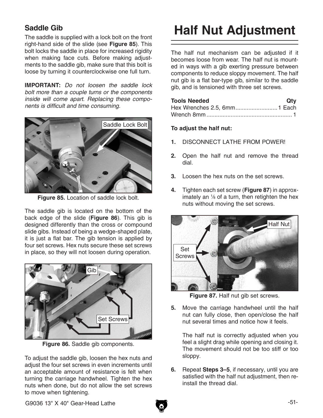 Grizzly G9036 owner manual Half Nut Adjustment, Saddle Gib, Tools NeededQty, To adjust the half nut 