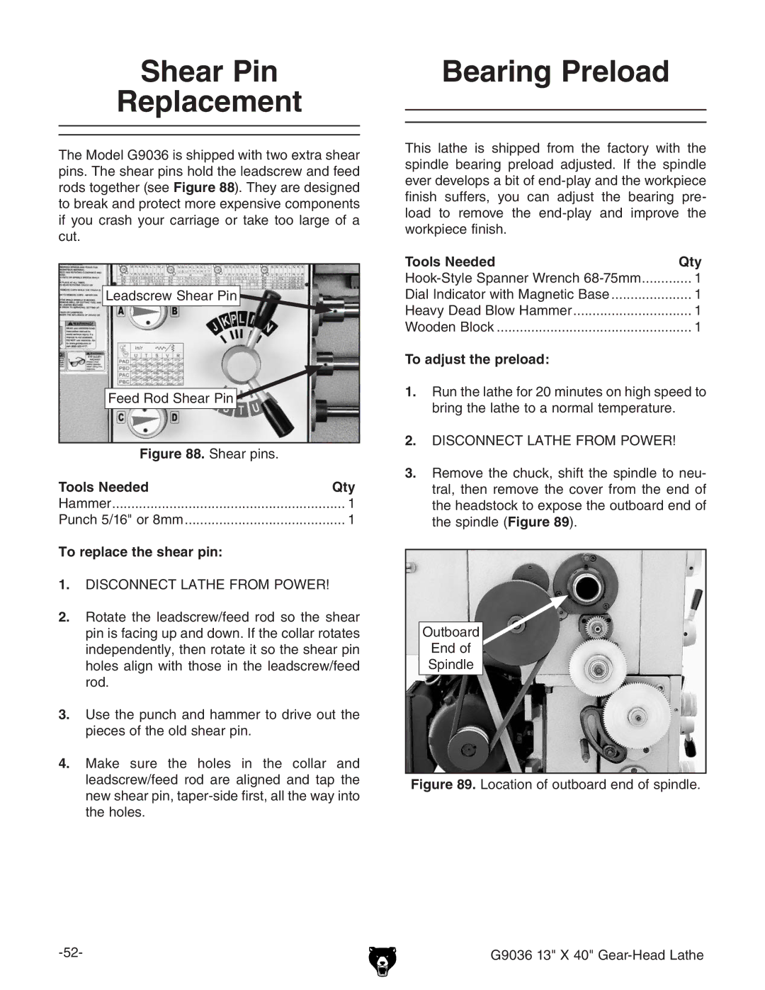 Grizzly G9036 owner manual Shear Pin Bearing Preload, AZVYhXgZlHZVgEc ZZYGdYHZVgEc, To replace the shear pin 