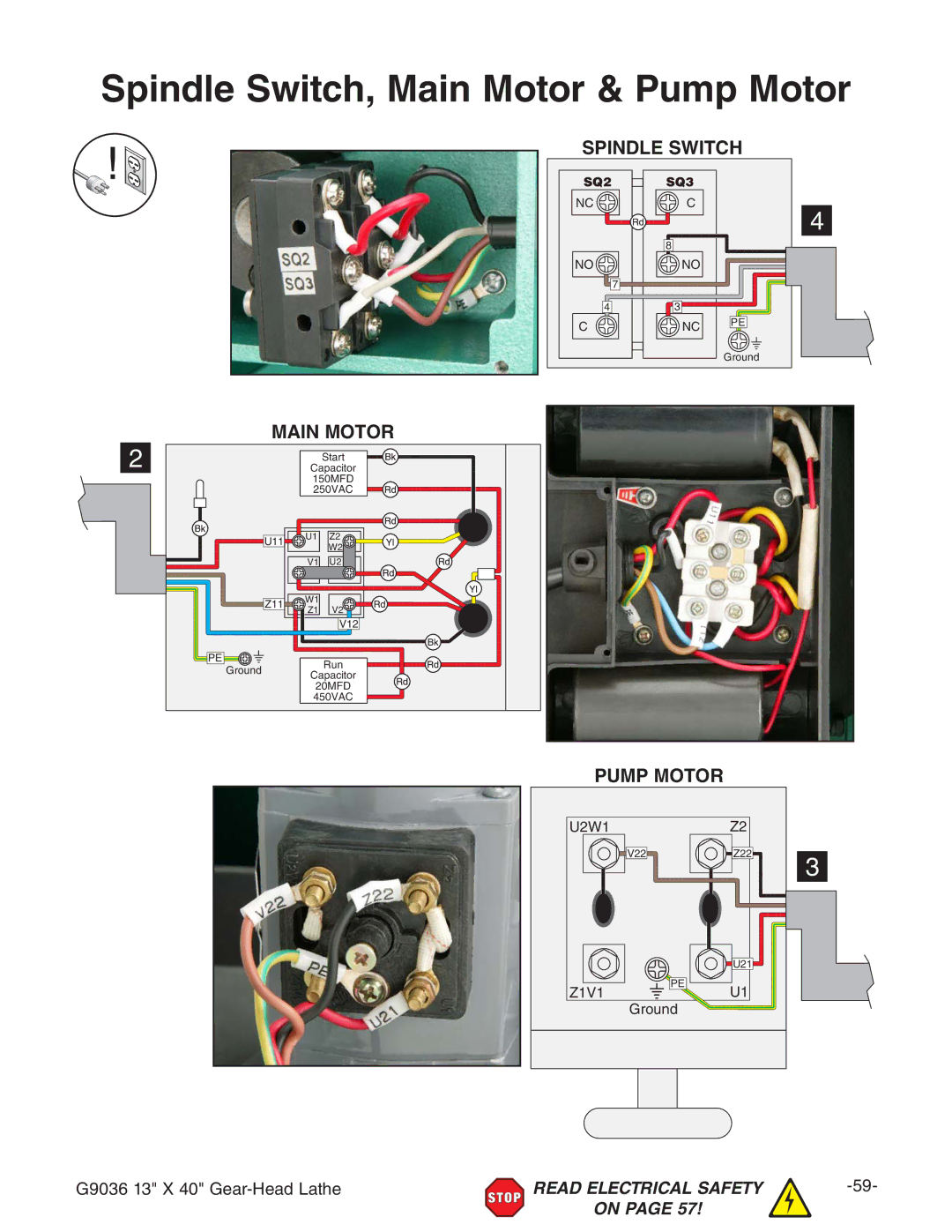 Grizzly G9036 owner manual Spindle Switch, Main Motor & Pump Motor 