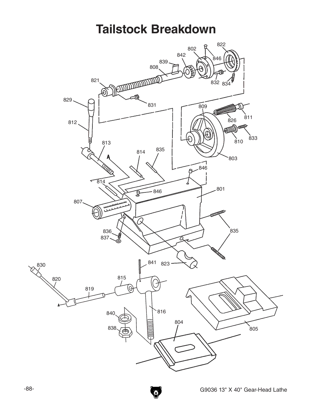 Grizzly G9036 owner manual Tailstock Breakdown 