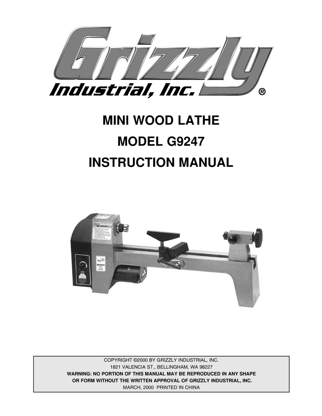 Grizzly instruction manual Mini Wood Lathe Model G9247 