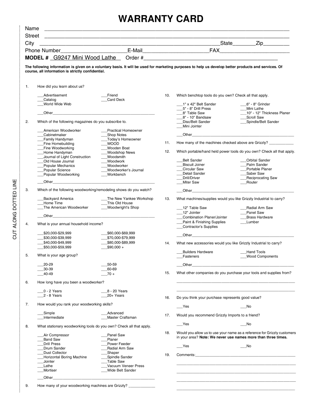 Grizzly G9247 instruction manual Warranty Card 