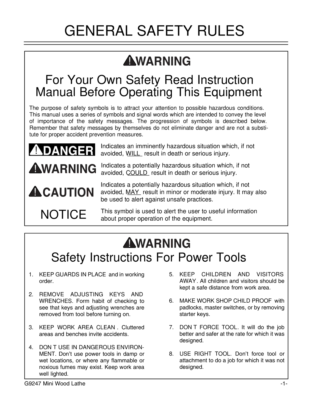 Grizzly G9247 instruction manual General Safety Rules 