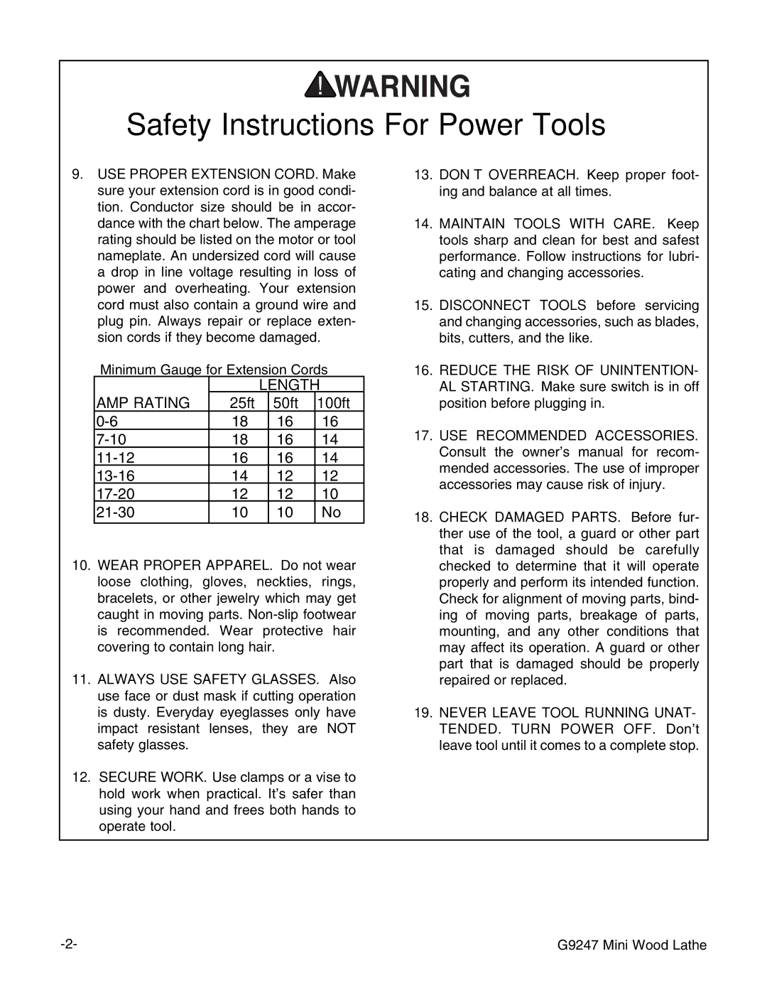 Grizzly G9247 instruction manual AMP Rating, Length 